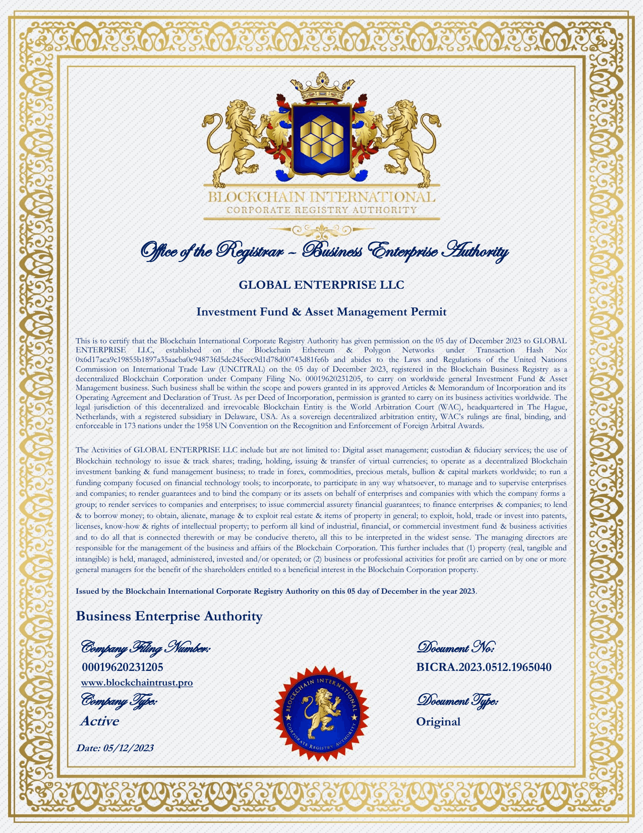 Global Enterprise LLC Investment Fund and Asset Management Permit